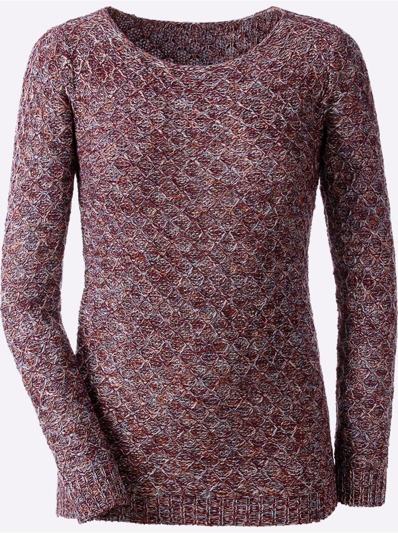 Pull en maille à col rond et manches longues motif tricoté - Taille standard - Witt Bordeaux - Kiabi