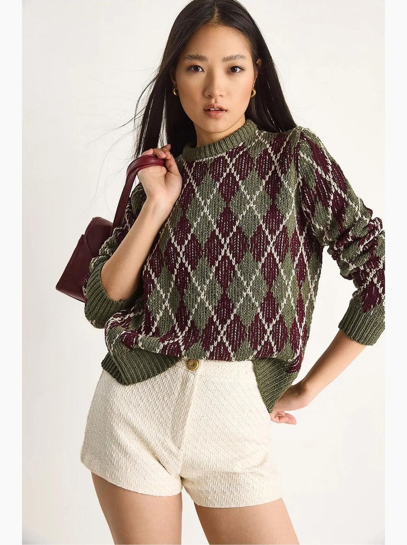 Pull en maille à col rond pour femme , motif losanges lucci Kaki - Kiabi