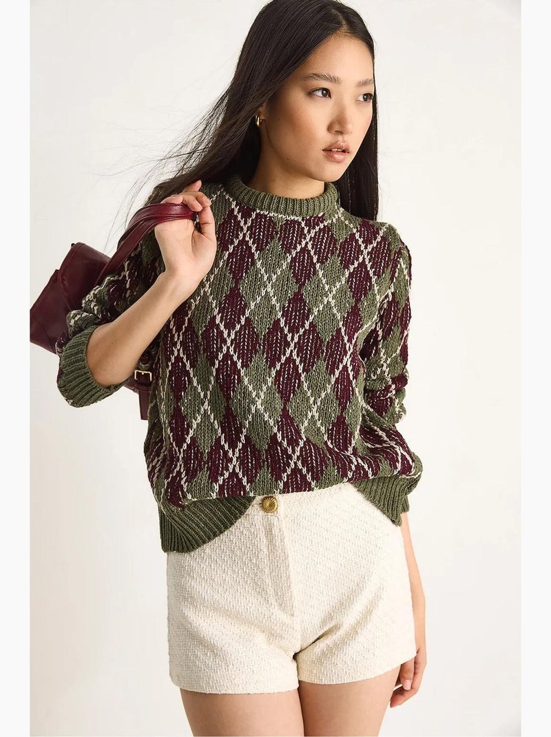 Pull en maille à col rond pour femme , motif losanges lucci Kaki - Kiabi