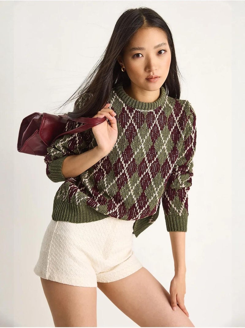 Pull en maille à col rond pour femme , motif losanges lucci Kaki - Kiabi