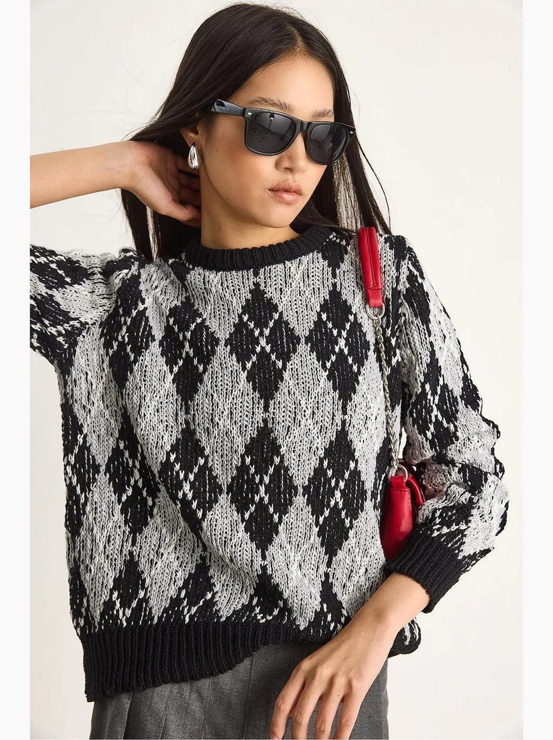 Pull en maille à col rond pour femme , motif losanges lucci Noir - Kiabi