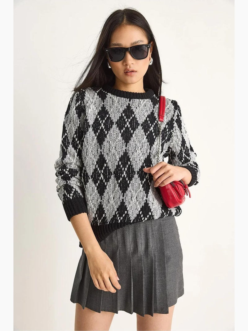Pull en maille à col rond pour femme , motif losanges lucci Noir - Kiabi