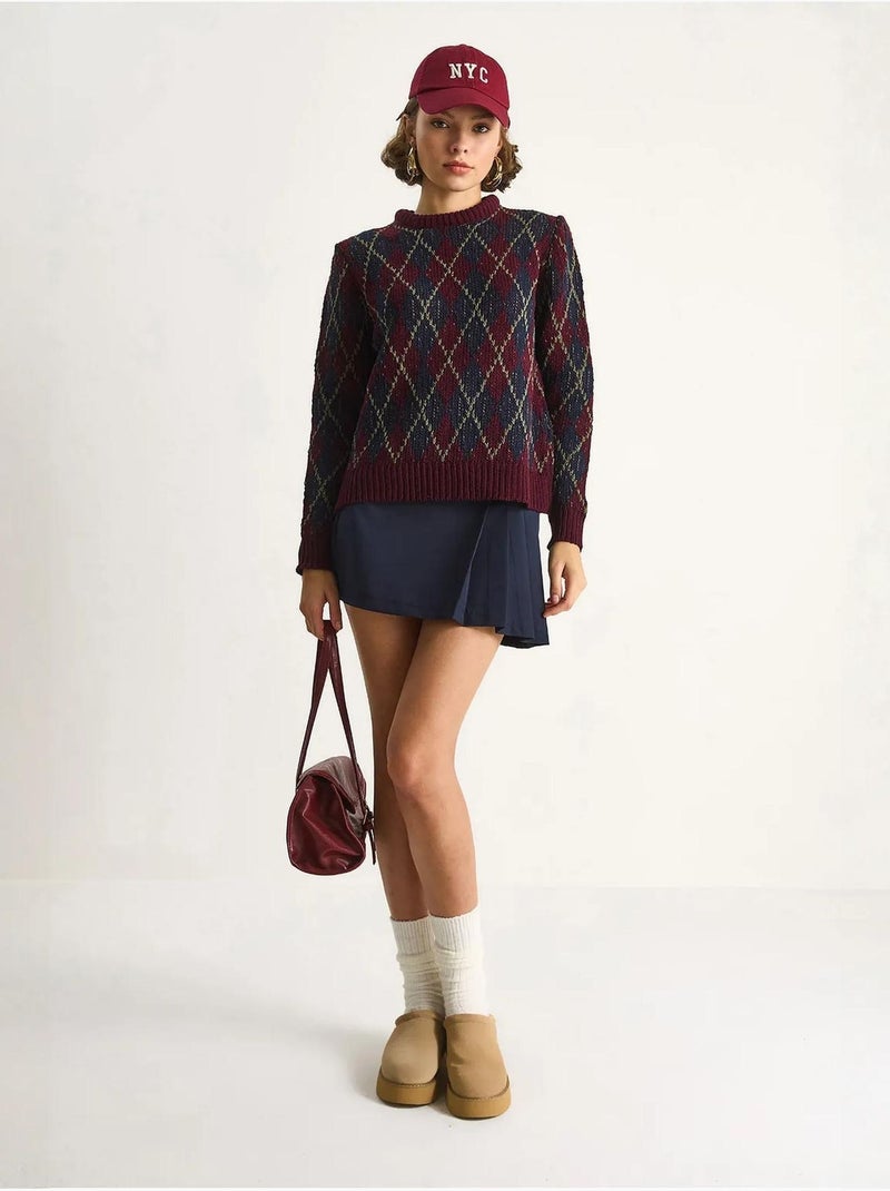 Pull en maille à col rond pour femme , motif losanges lucci Rouge grenat - Kiabi