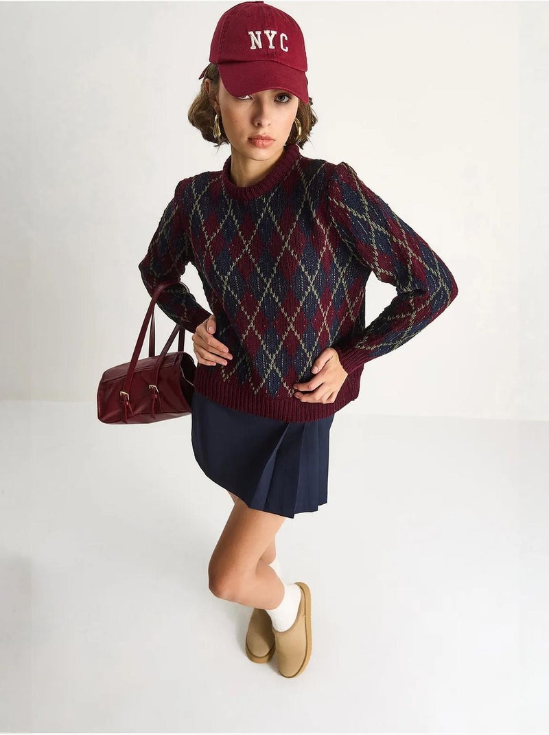 Pull en maille à col rond pour femme , motif losanges lucci Rouge grenat - Kiabi