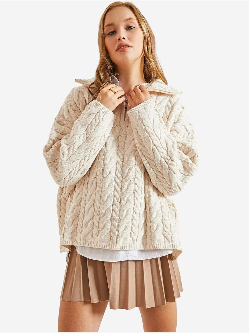 Pull en maille à col roulé et fermeture éclair à motifs bianco lucci Beige argile - Kiabi