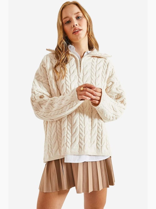 Pull en maille à col roulé et fermeture éclair à motifs bianco lucci - Kiabi Pull en maille à col roulé et fermeture éclair à motifs bianco lucci - Kiabi