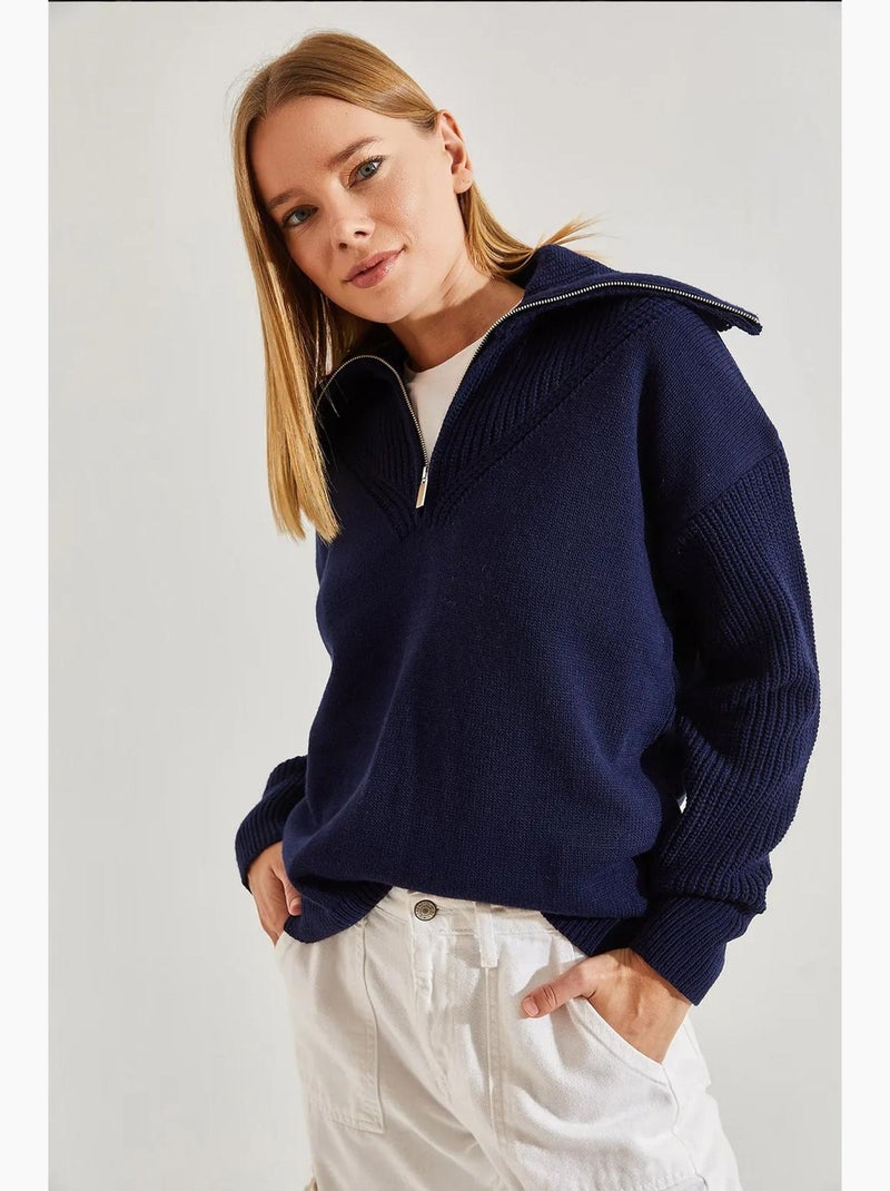 Pull en maille à col roulé et fermeture éclair lucci Bleu marine - Kiabi