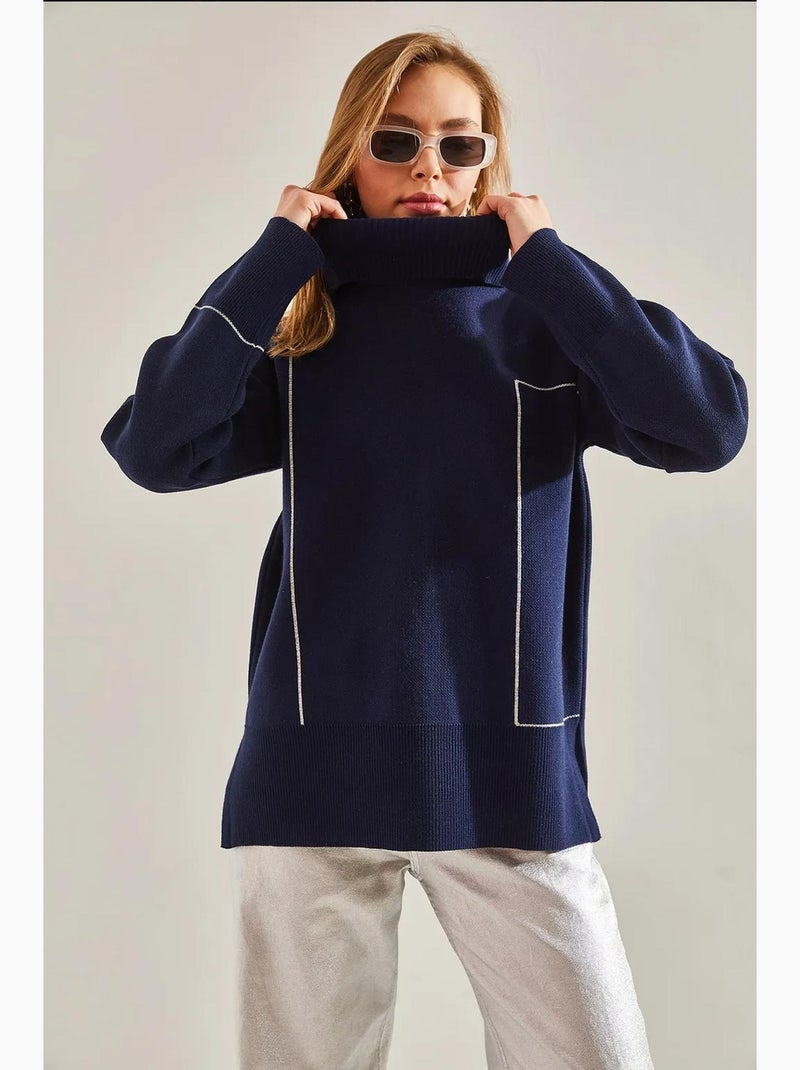 Pull en maille à col roulé et motifs géométriques lucci Bleu marine - Kiabi