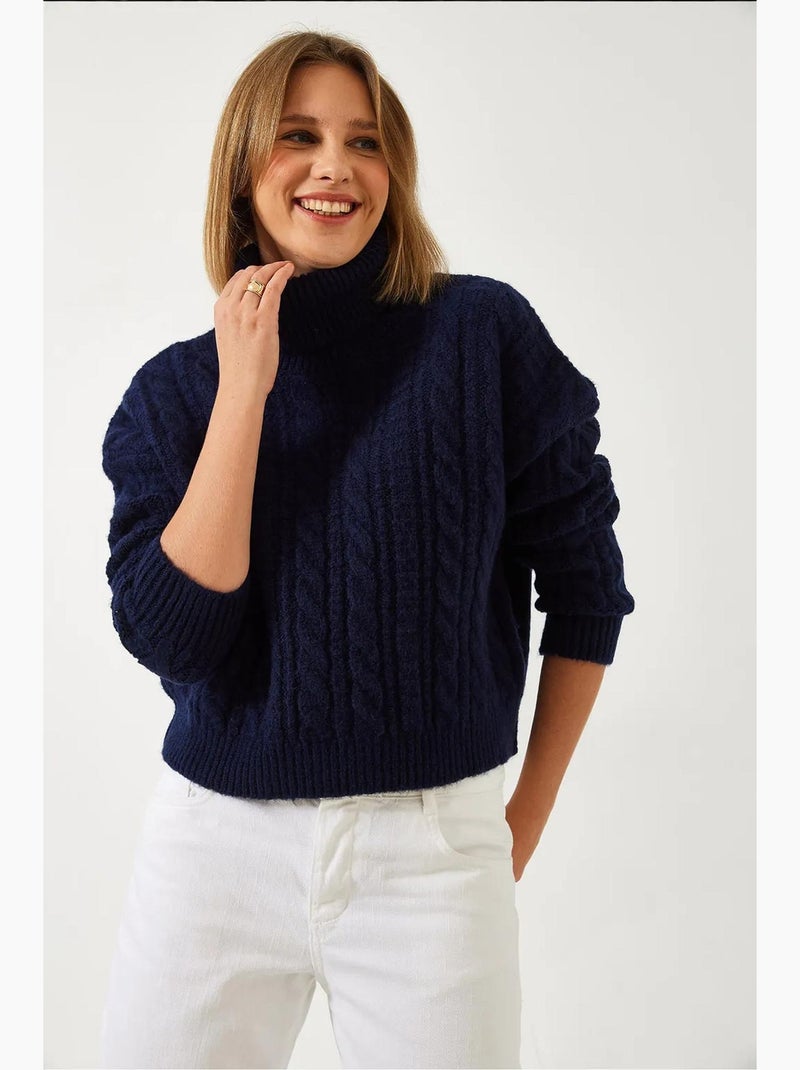 Pull en maille à col roulé et motifs lucci Bleu marine - Kiabi
