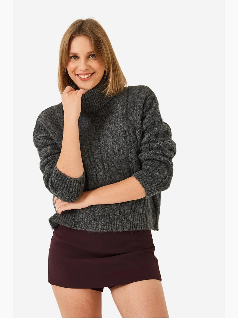 Pull en maille à col roulé et motifs lucci Gris foncé - Kiabi