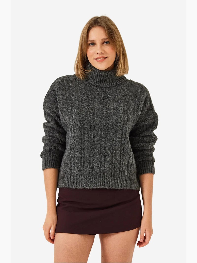Pull en maille à col roulé et motifs lucci Gris foncé - Kiabi