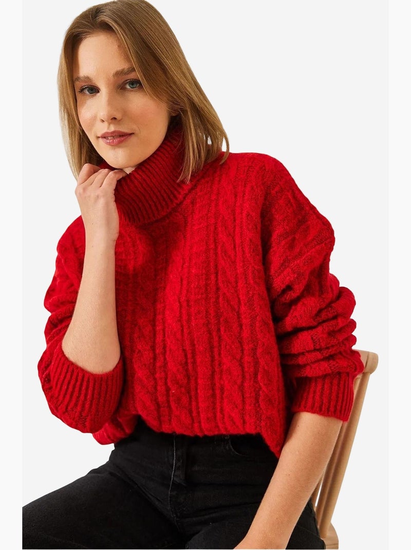 Pull en maille à col roulé et motifs lucci Rouge - Kiabi