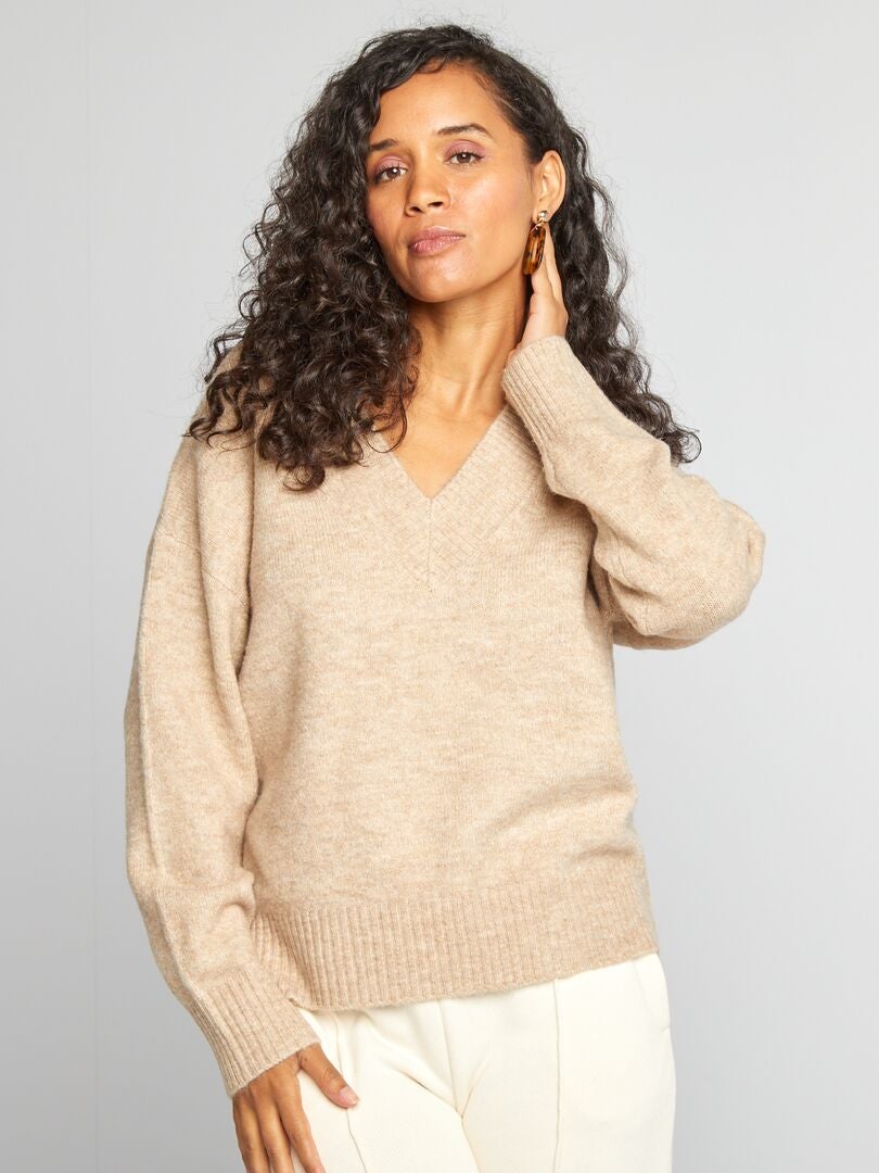 Pull en maille à col V Beige - Kiabi