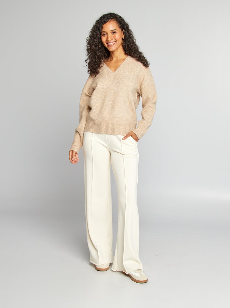 Pull en maille à col V Beige - Kiabi