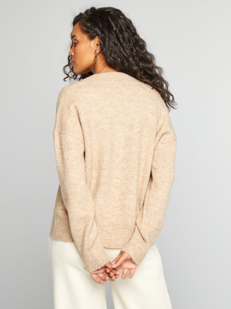Pull en maille à col V Beige - Kiabi