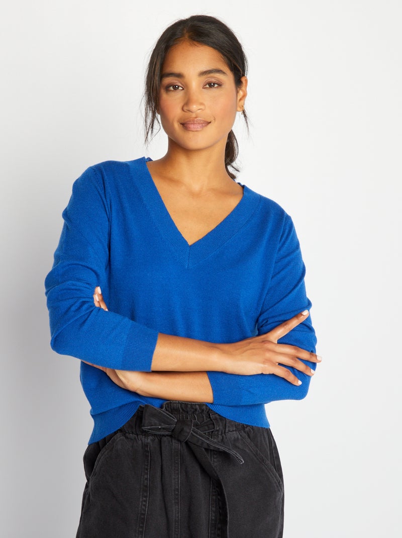 Pull en maille à col V bleu - Kiabi
