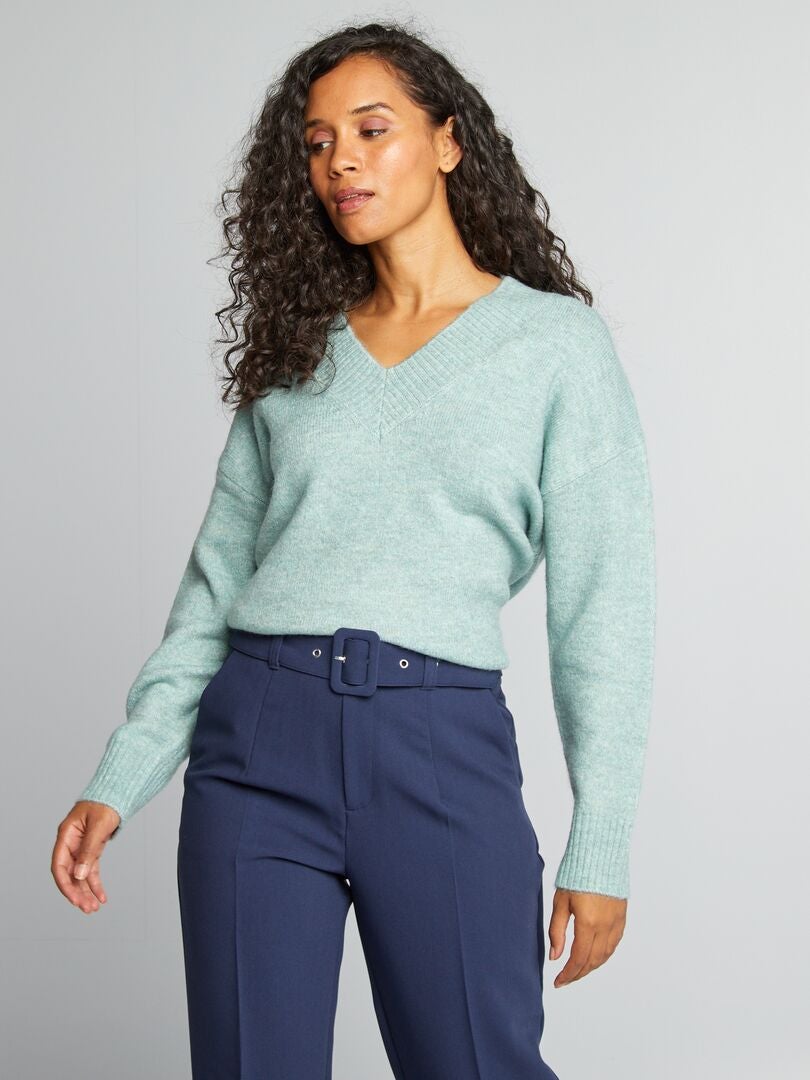 Pull en maille à col V Bleu - Kiabi