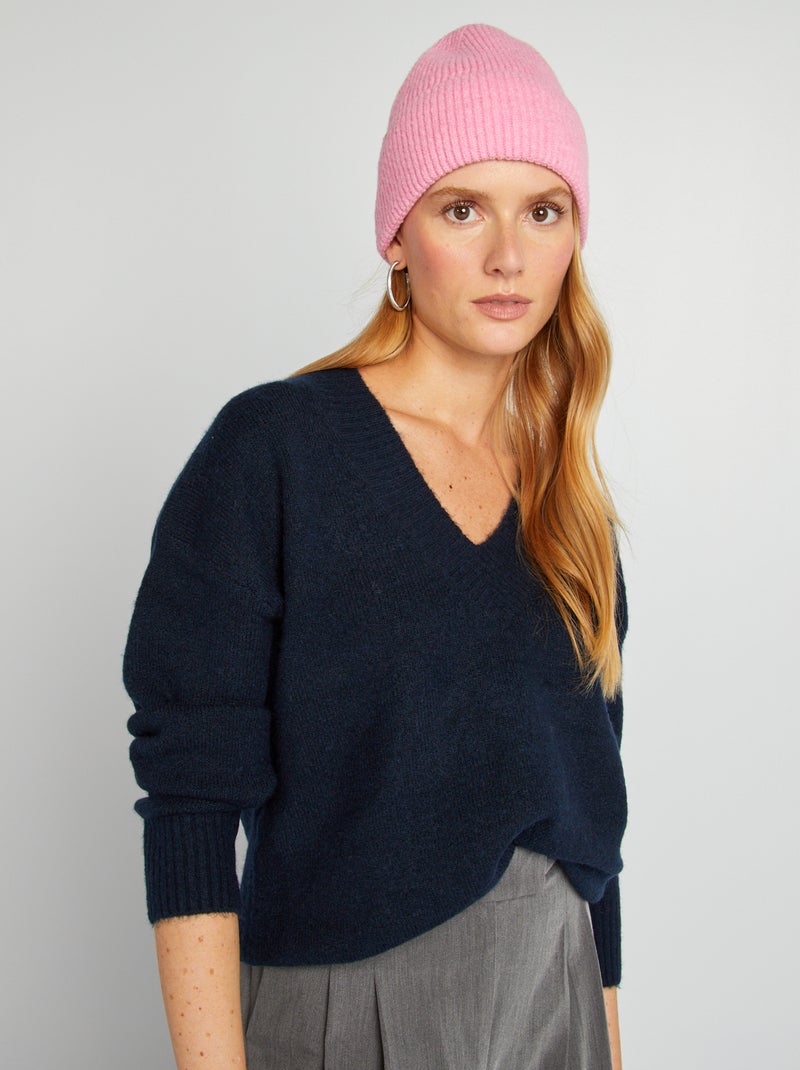 Pull en maille à col V Bleu marine - Kiabi