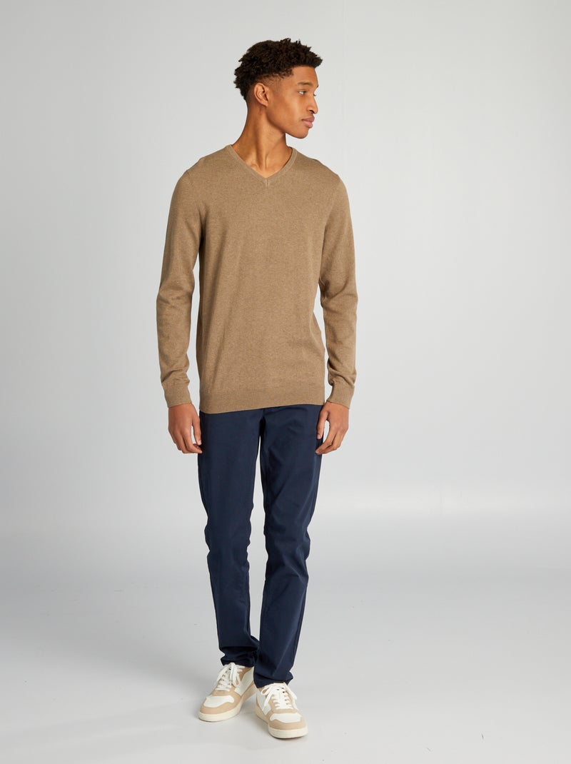 Pull en maille à col V + d'1m90 Beige - Kiabi