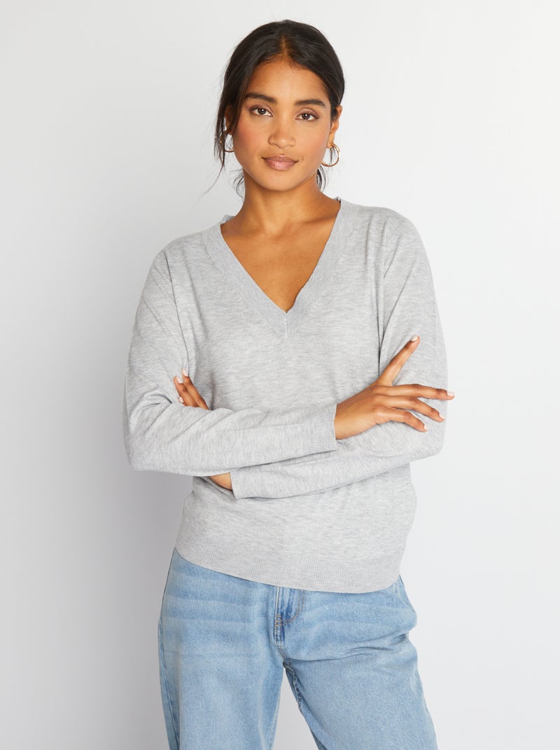 Pull en maille à col V Gris - Kiabi