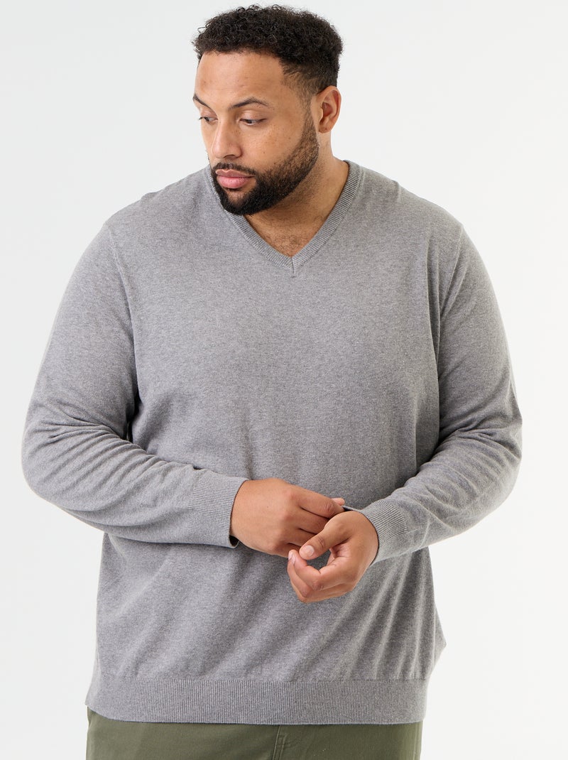 Pull en maille à col V Gris - Kiabi