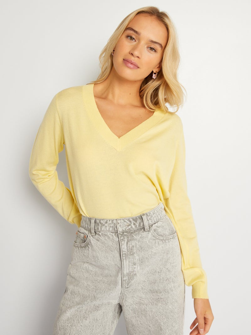 Pull en maille à col V Jaune - Kiabi