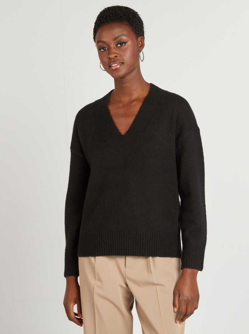 Pull en maille à col V Noir - Kiabi