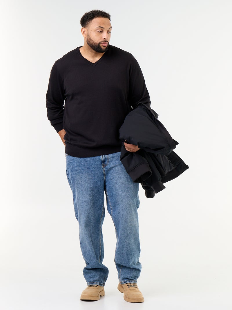 Pull en maille à col V Noir - Kiabi