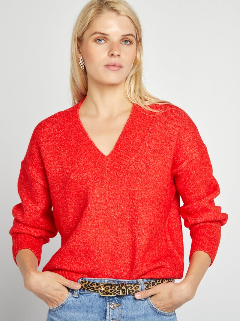 Pull en maille à col V rouge - Kiabi