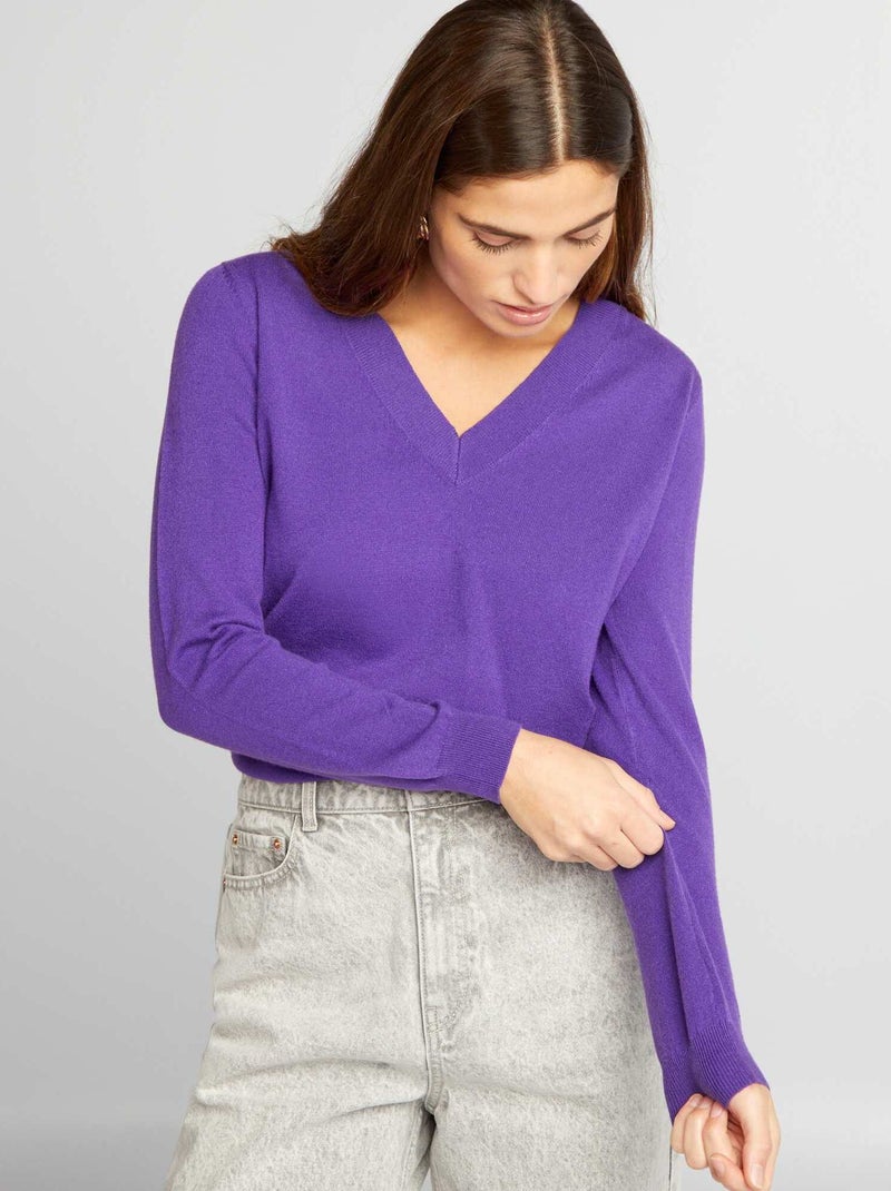 Pull en maille à col V Violet - Kiabi