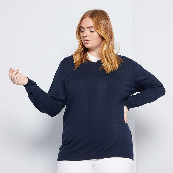 Pull en maille à faux col Grande taille femme bleu marine magasin de pull femme sur cambrai