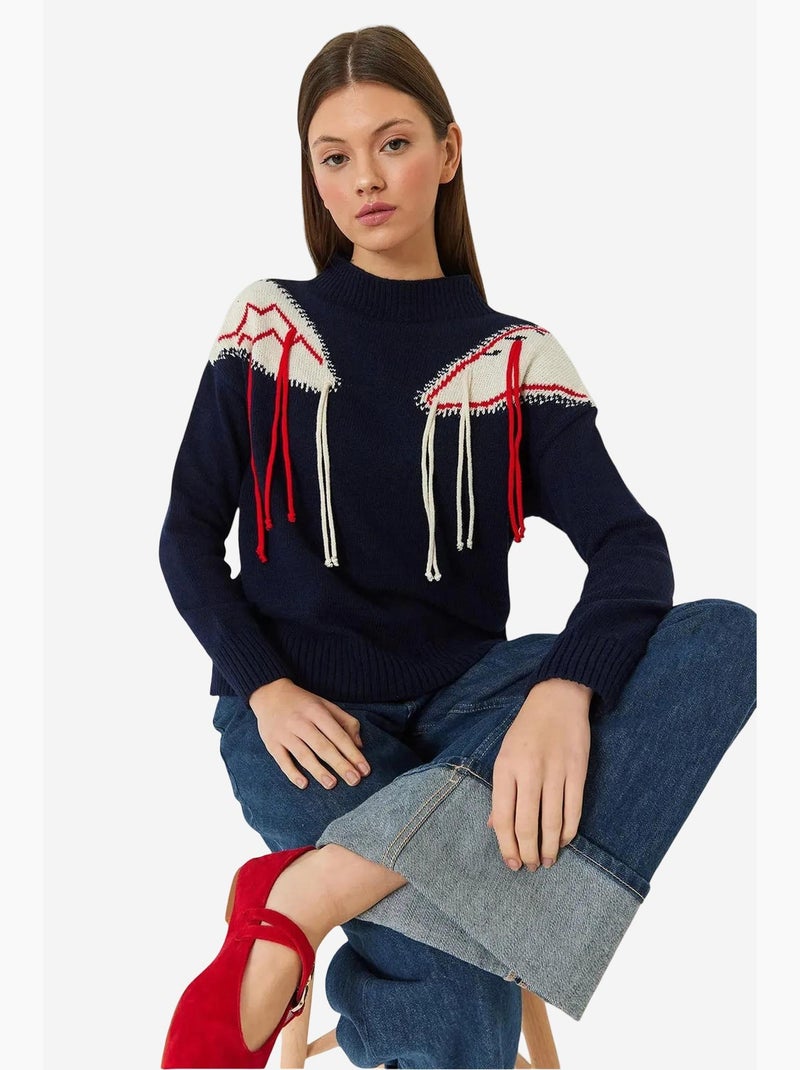 Pull en maille à franges et épaules lucci Bleu marine - Kiabi