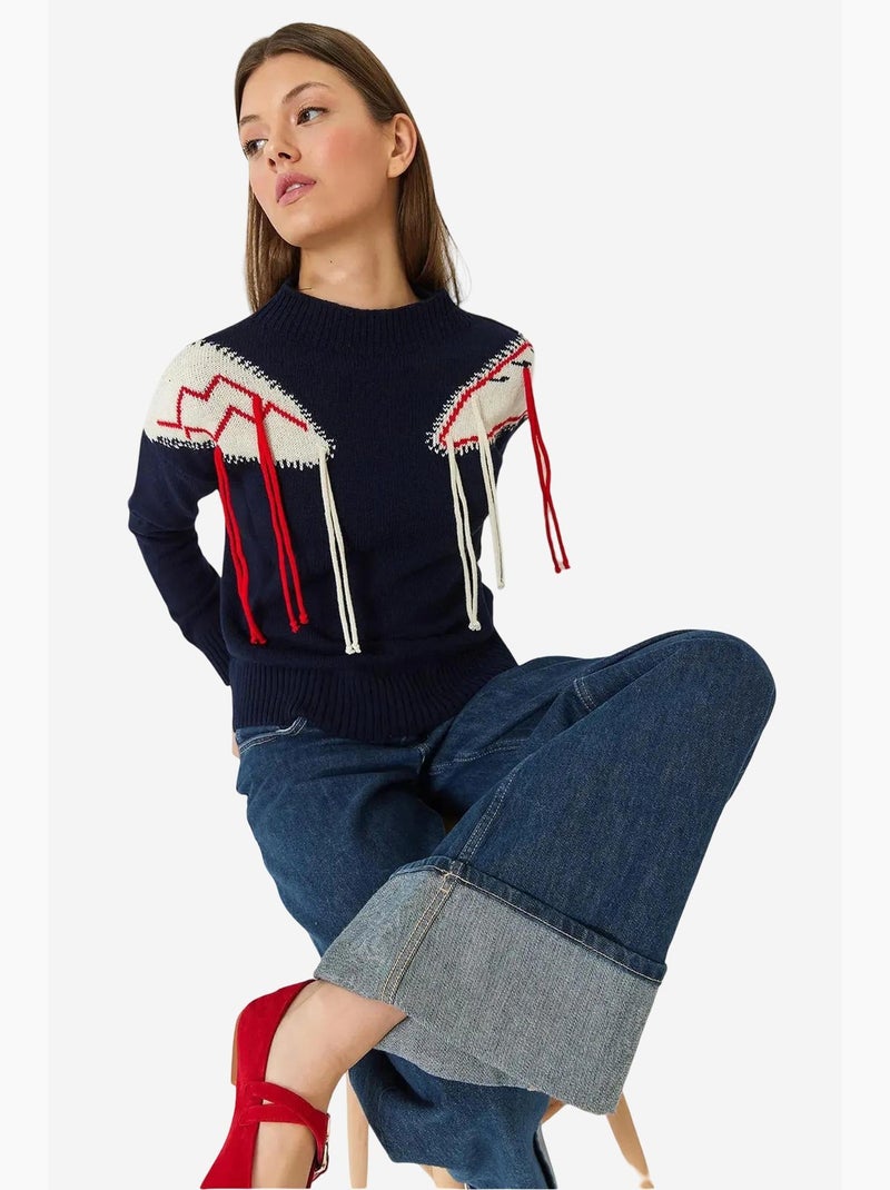 Pull en maille à franges et épaules lucci Bleu marine - Kiabi