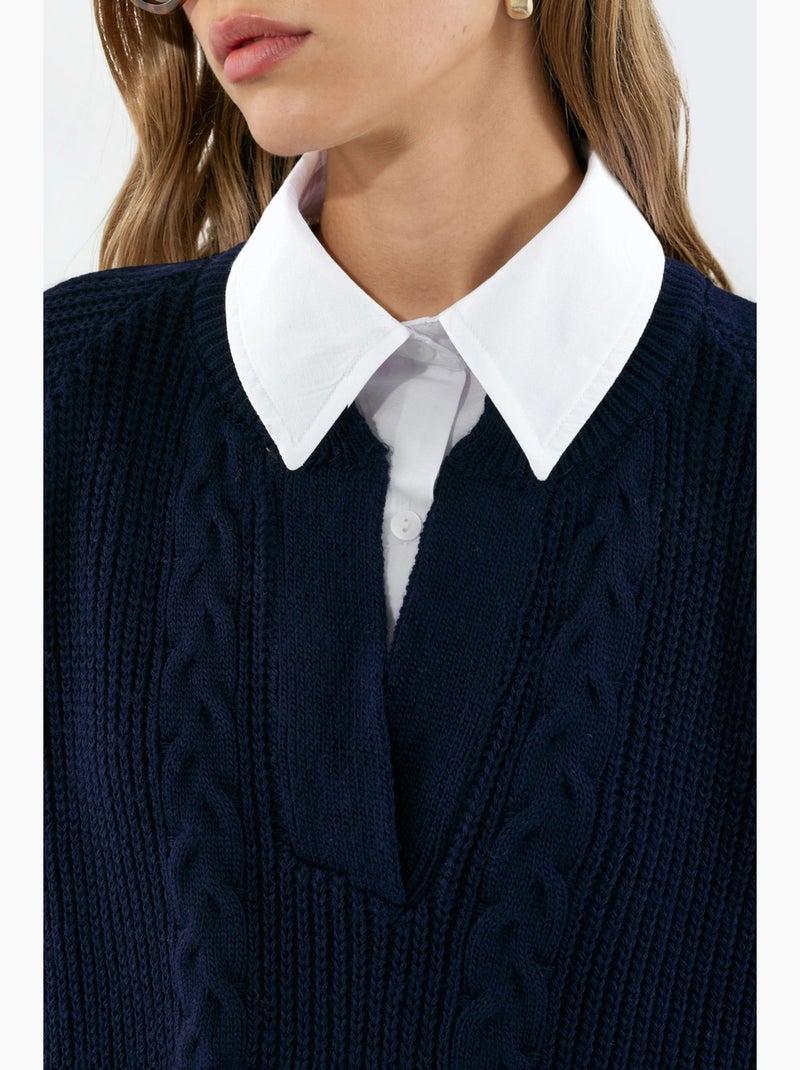Pull en maille à motif avec col chemise hiccup Bleu marine - Kiabi