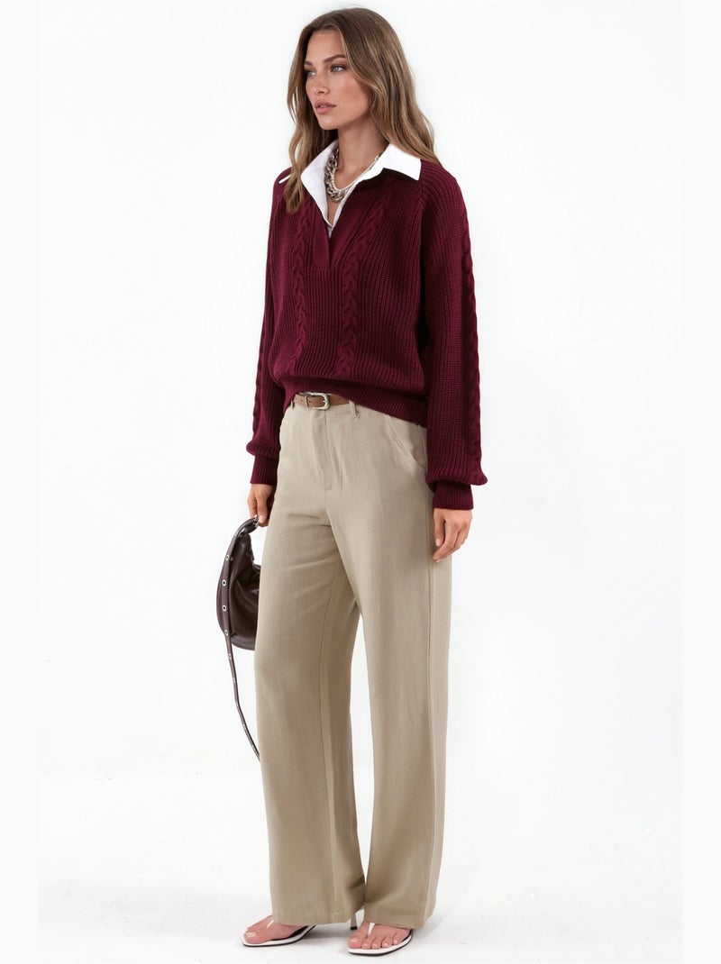 Pull en maille à motif avec col chemise hiccup Rouge bordeaux - Kiabi