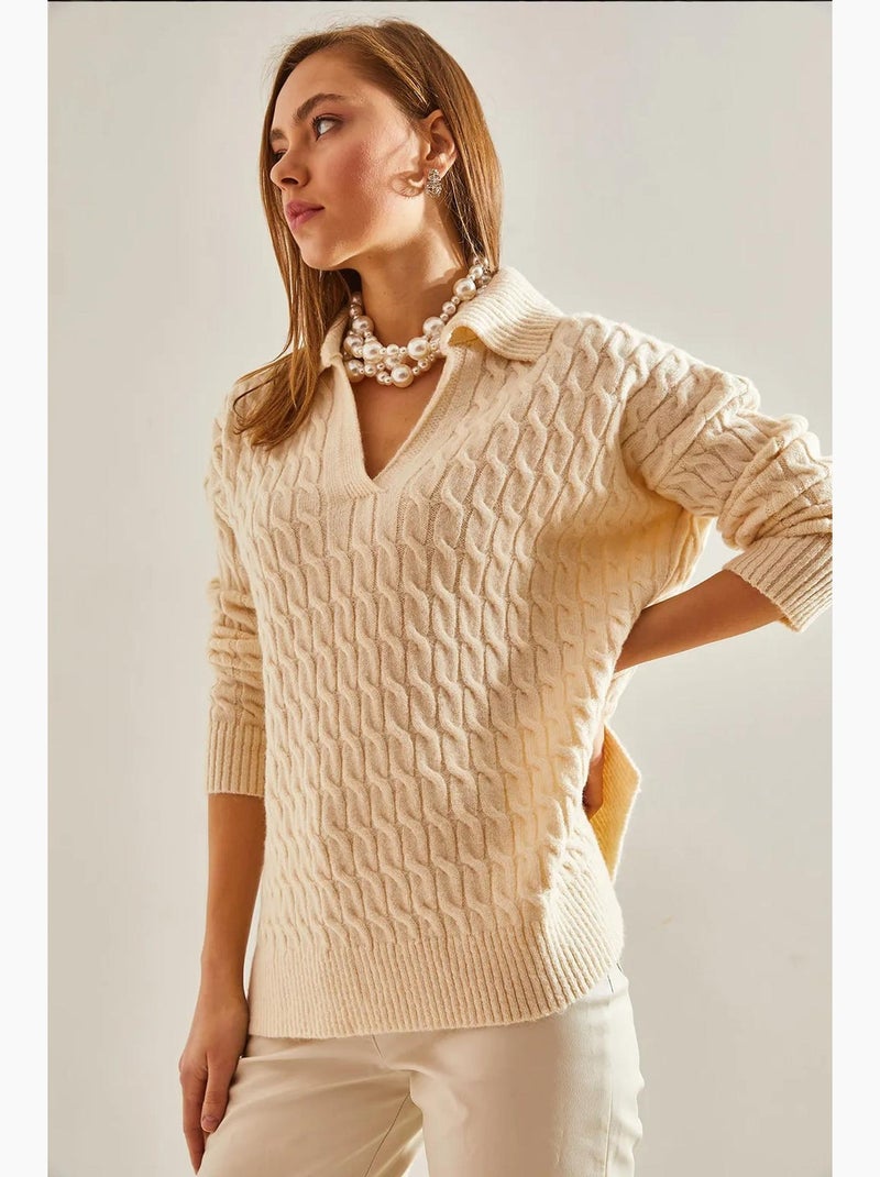 Pull en maille à motifs et col en v lucci Beige argile - Kiabi