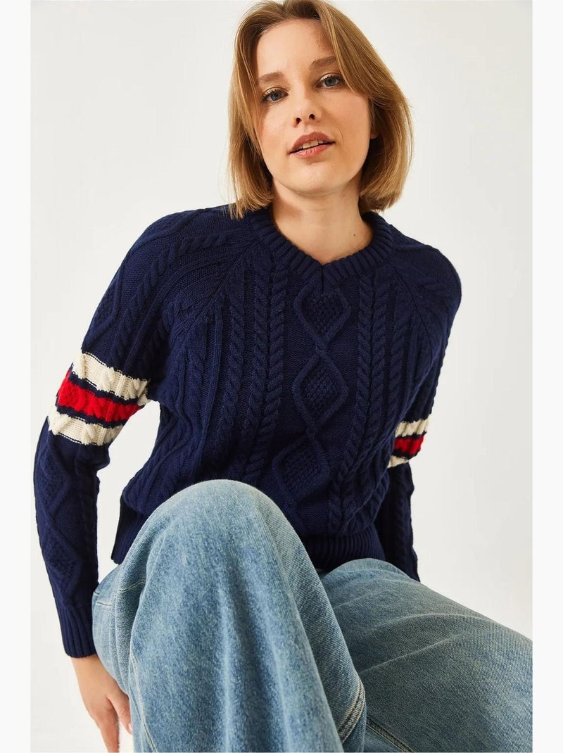 Pull en maille à motifs et col en v lucci Bleu marine - Kiabi