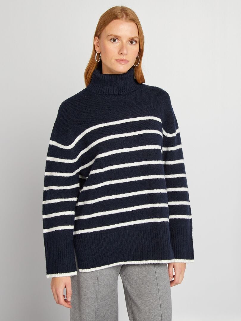 Pull en maille à rayures et col montant Bleu marine à rayures - Kiabi