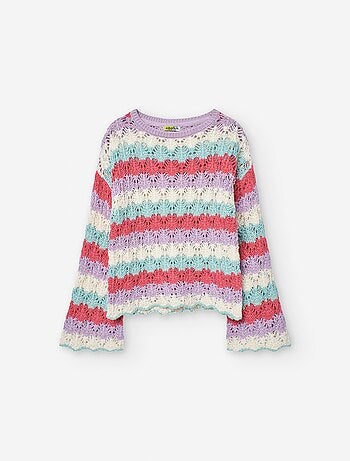 Pull en Maille Ajouré à Rayures avec Manche Évasée