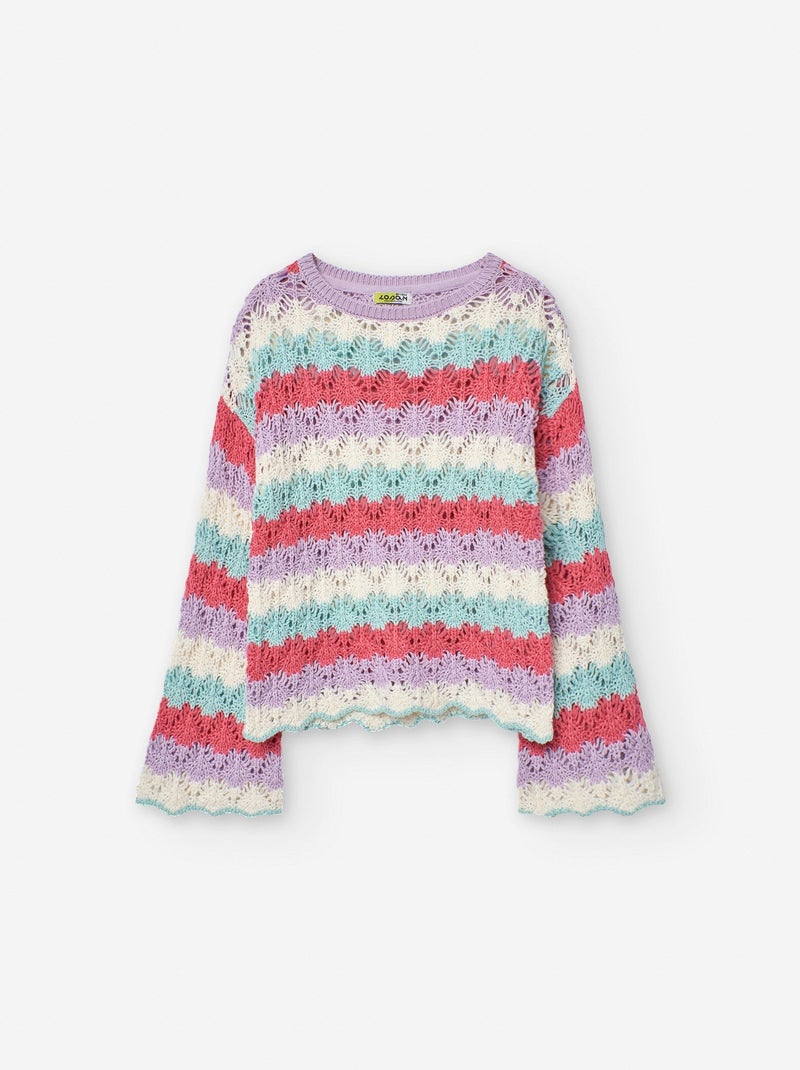 Pull en Maille Ajouré à Rayures avec Manche Évasée Rose - Kiabi