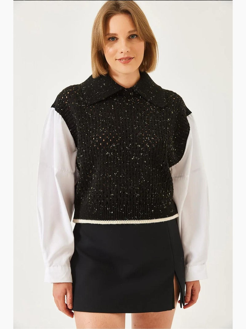 Pull en maille ajourée à col chemise lucci Noir - Kiabi
