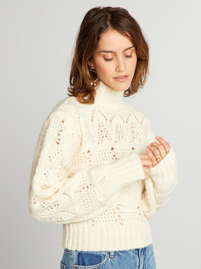 Pull en maille ajourée à col montant Ecru - Kiabi