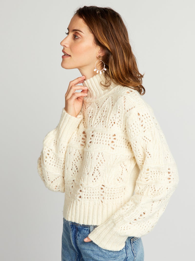 Pull en maille ajourée à col montant Ecru - Kiabi