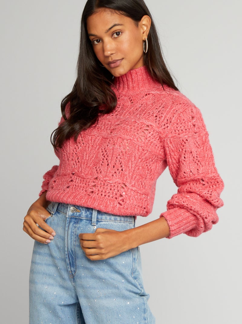 Pull en maille ajourée à col montant rose - Kiabi