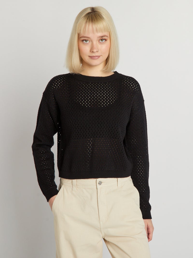 Pull en maille ajourée à col rond noir - Kiabi