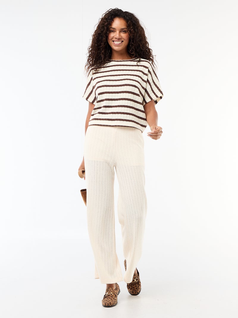 Pull en maille ajourée à manches courtes Beige - Kiabi