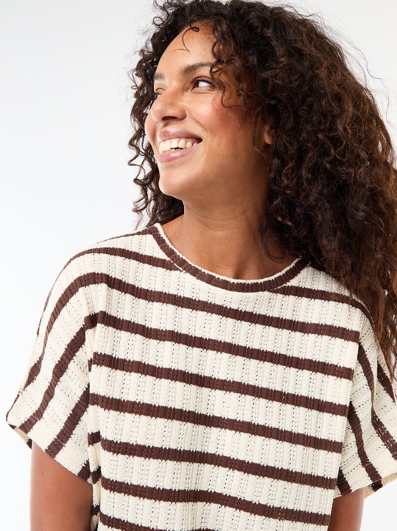 Pull en maille ajourée à manches courtes Beige - Kiabi