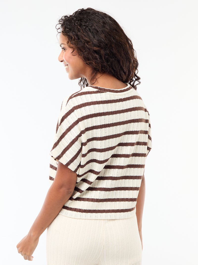 Pull en maille ajourée à manches courtes Beige - Kiabi