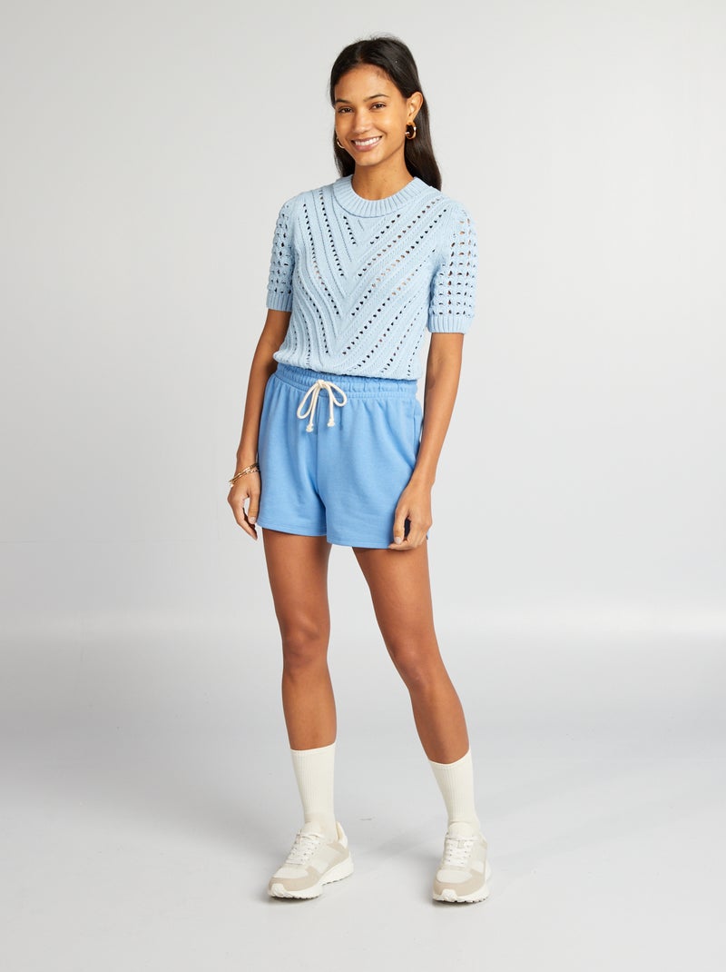 Pull en maille ajourée à manches courtes Bleu - Kiabi