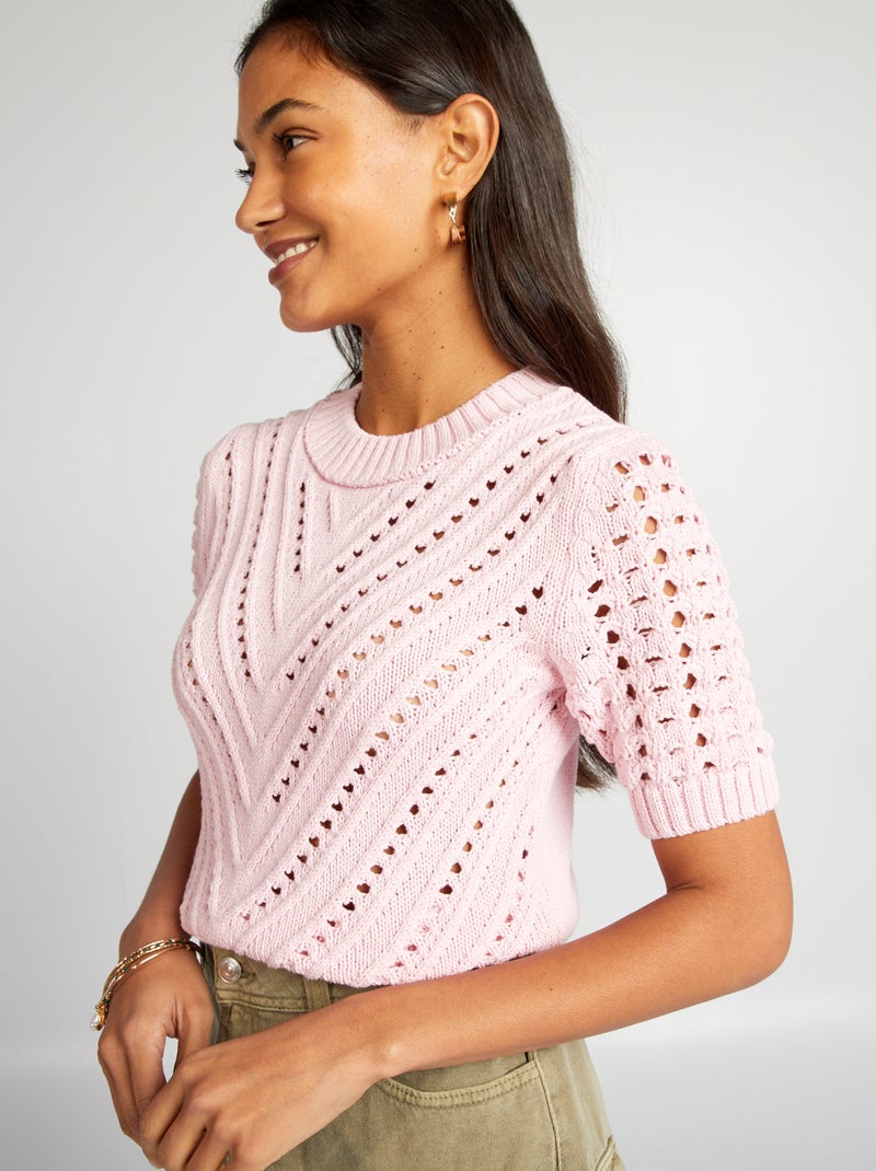 Pull en maille ajourée à manches courtes Rose - Kiabi